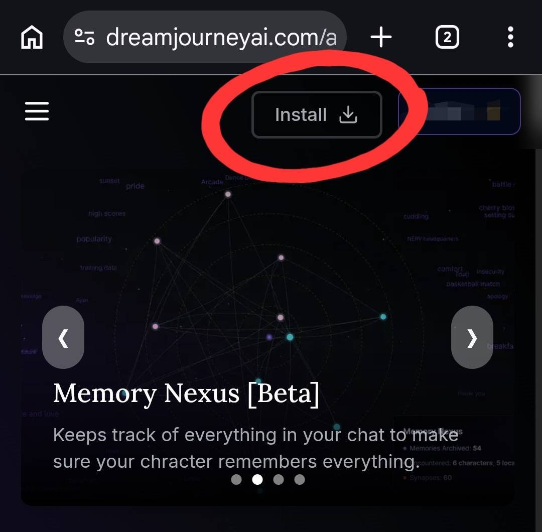 The Dreamjourney website with the Install button highlighted near the top of the page.